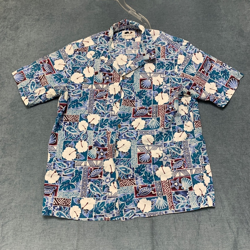 DejaVu Kauai Hawaiian Aloha Shirt Mens Multicolor Ocean Coastal Summer Beachwear